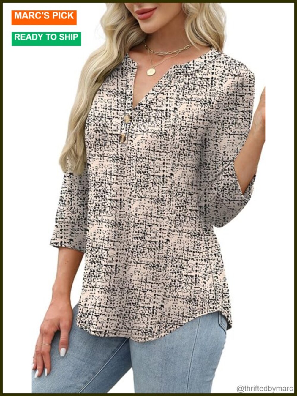 3/4 Sleeve Henley Blouse, Soft Lightweight V-Neck Button Down Top, Womens - Picture 3 of 5